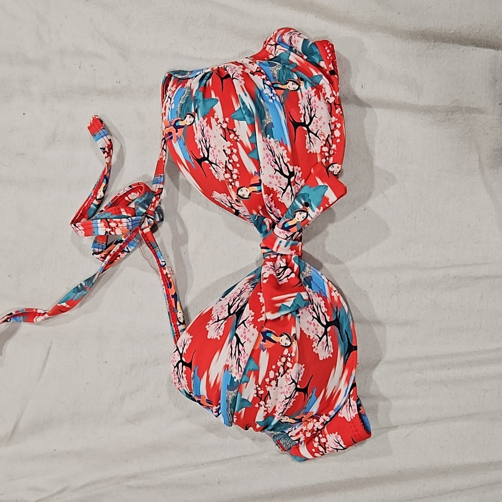 Red Mulan Print Bikini Top
